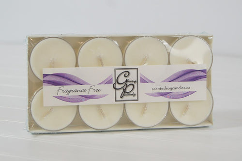 These small perfectly formed candles get there name as tea lights from there original use as candles to keep tea pots warm. They are also known as night lights.  Pack of 8 fragrance free tea lights, on a white tray.  Hand poured soy wax into small acetate cups by Glowing Positively Soy Candles.