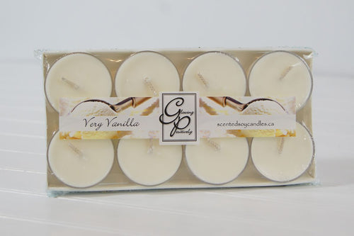These small perfectly formed candles get there name as tea lights from there original use as candles to keep tea pots warm. They are also known as night lights.  Pack of 8 single scent tea lights, on a white tray.  Hand poured soy wax into small acetate cups by Glowing Positively Soy Candles.