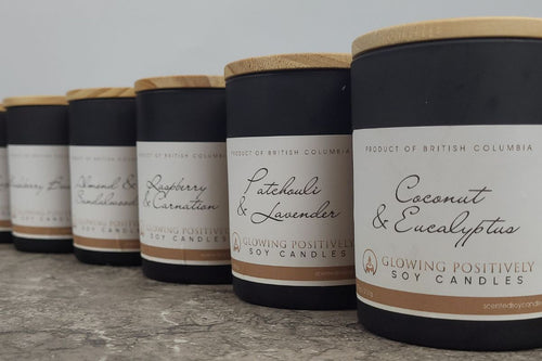 This matte black vessel candle from Glowing Positively Soy Candles is elegant and classy with a natural coloured bamboo lid.    These fragrances are classic and well recognized for their strength and sweetness. Simple and lovely for anyone that loves flowers and fruit blends.