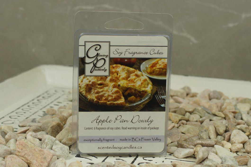 Positively Glowing Soy Candles apple pan dowdy fragrance cubes work in most electric melters and provide a safe way to have beautiful fragrance all day long. This is an old fashion name for a great deep apple pie with lots of cinnamon and yummy apple slices.