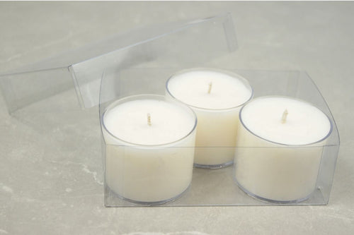 These beautifully simple spa candles come in a clear acetate pot. Each candle is made of 100% vegan, hand poured soy wax, by Glowing Positively Soy Candles. Once lit, the wick flickers gently and slowly releases the scent of your choice.  These spa lights are perfect for lighting near your spa or bath for a relaxing, undisturbed 'me time' soak.   Pack of 3 spa lights in an acetate box.